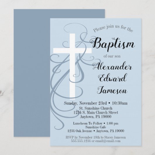 Blue Swirl Cross Baptism Invitation Boy's Kaart (Voorkant / Achterkant)