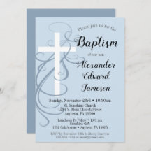 Blue Swirl Cross Baptism Invitation Boy's