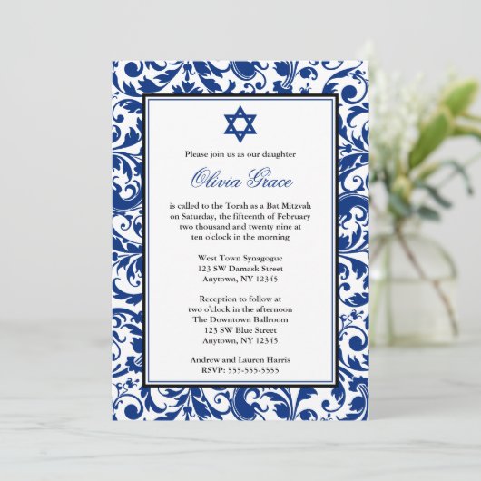 Blue Swirl Damask Bat Mitzvah Invitations Kaart (Staand voorkant)
