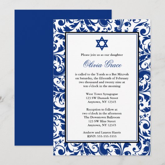 Blue Swirl Damask Bat Mitzvah Invitations Kaart (Voorkant / Achterkant)