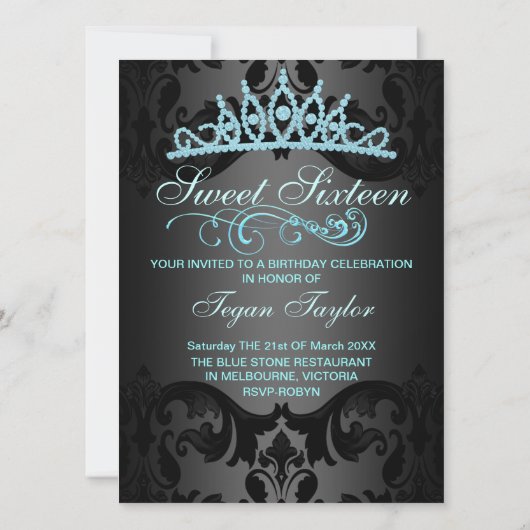 Blue Swirl Damask Sweet16 Verjaardag Uitnodigen Kaart (Achterkant)