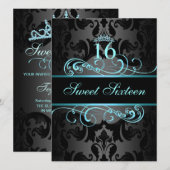 Blue Swirl Damask Sweet16 Verjaardag Uitnodigen Kaart (Voorkant / Achterkant)