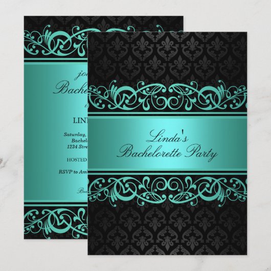 Blue Swirl Damask | Uitnodiging voor vrijgezellenf (Voorkant / Achterkant)