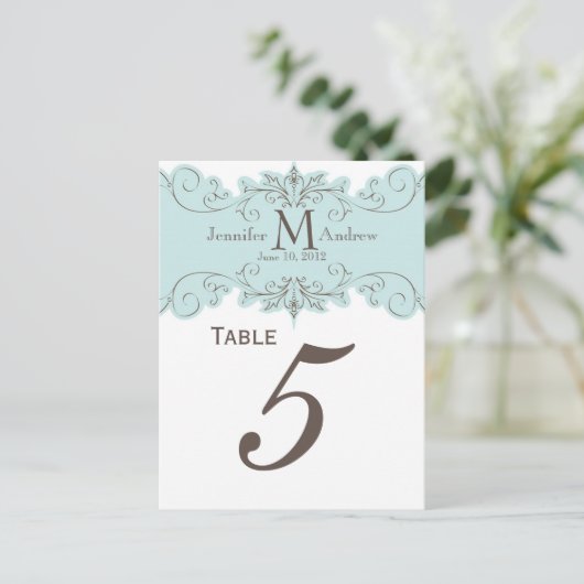 Blue Swirl Monogram Trouwtafel Aantal Kaarten (Staand voorkant)