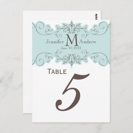 Blue Swirl Monogram Trouwtafel Aantal Kaarten (Voorkant / Achterkant)