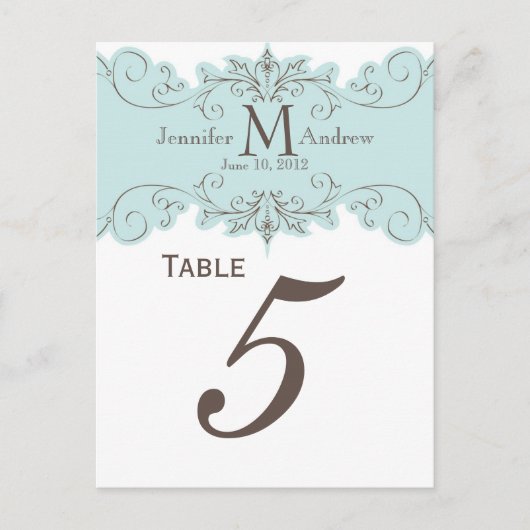 Blue Swirl Monogram Trouwtafel Aantal Kaarten (Voorkant)
