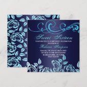 Blue Swirl & Roos Sweet 16 verjaardagsuitnodiging Kaart (Voorkant / Achterkant)