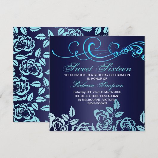 Blue Swirl & Roos Sweet 16 verjaardagsuitnodiging Kaart (Voorkant / Achterkant)