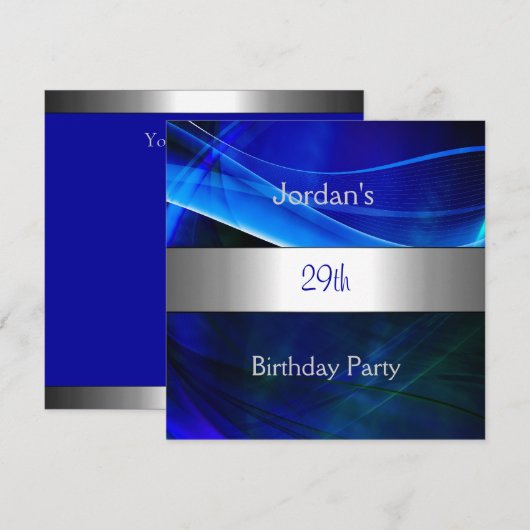 Blue Swirl Silver Trim 29th Birthday Party Kaart (Voorkant / Achterkant)