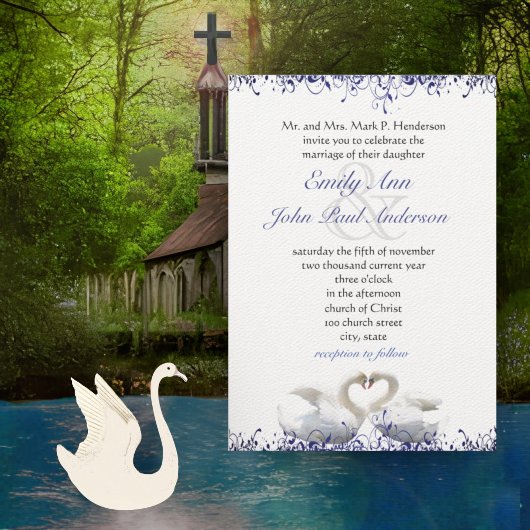 Blue Swirl Swan Tortelduifjes Wedding Kaart