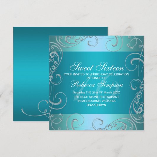 Blue Swirl Sweet Sixteen Verjaardag Uitnodiging (Voorkant / Achterkant)