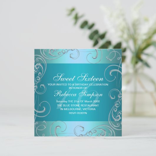 Blue Swirl Sweet Sixteen Verjaardag Uitnodiging (Staand voorkant)