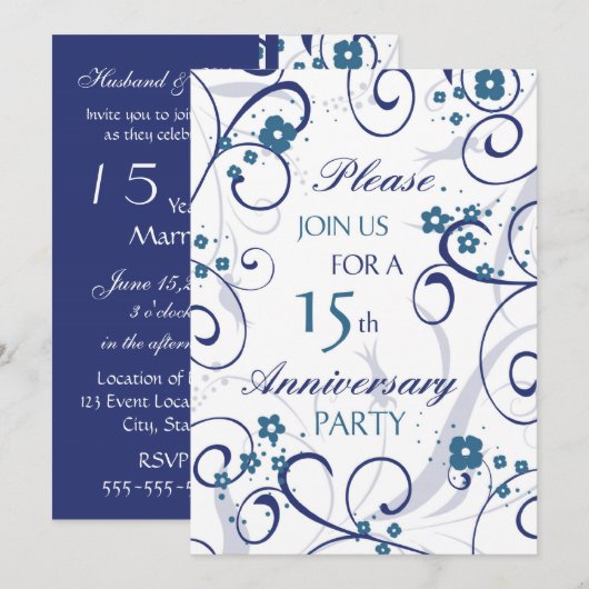 Blue Swirls 15th Jubileum Party Invitation Kaart (Voorkant / Achterkant)