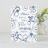 Blue Swirls 50th Birthday Party Invitation Card Kaart (Staand voorkant)