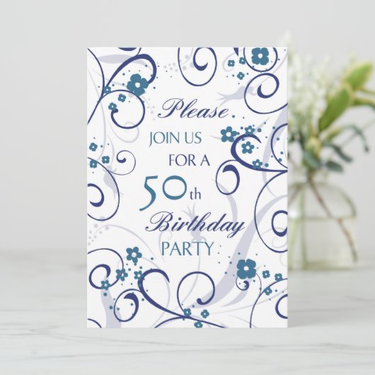 Blue Swirls 50th Birthday Party Invitation Card Kaart (Staand voorkant)