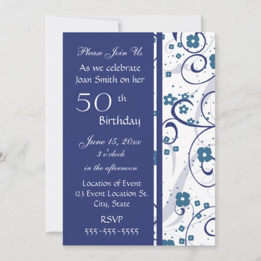 Blue Swirls 50th Birthday Party Invitation Card Kaart (Achterkant)