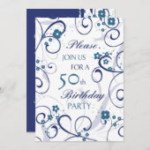 Blue Swirls 50th Birthday Party Invitation Card Kaart (Voorkant / Achterkant)