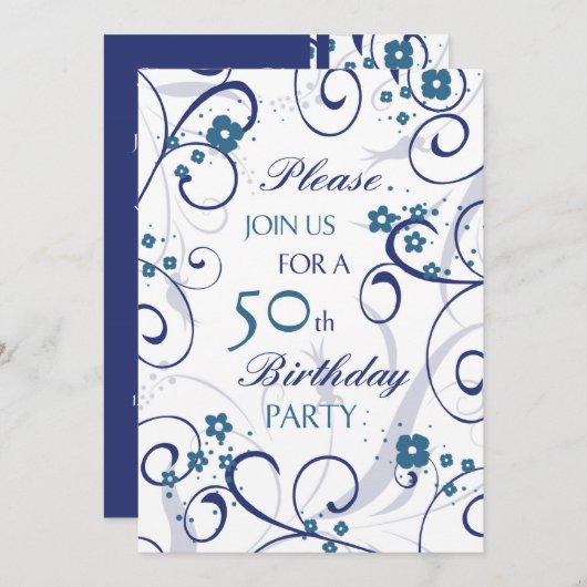 Blue Swirls 50th Birthday Party Invitation Card Kaart (Voorkant / Achterkant)