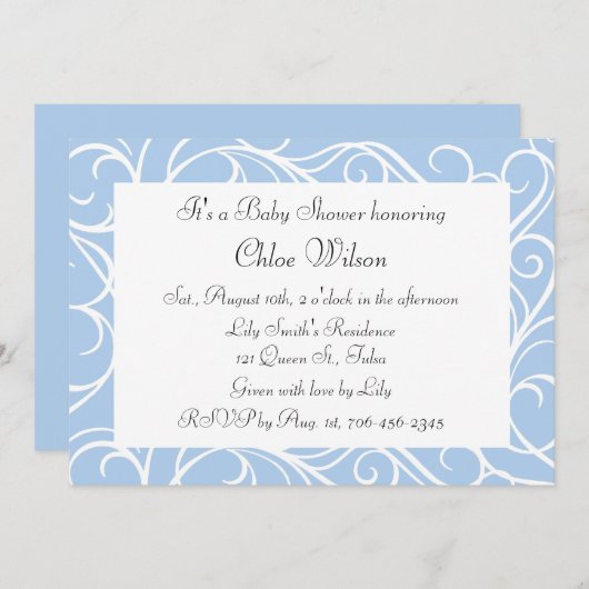  Blue Swirls Baby shower Invitation Kaart (Voorkant / Achterkant)