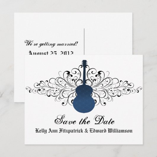 Blue Swirls Guitar Save the Date Briefkaart (Voorkant / Achterkant)