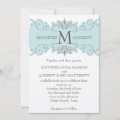 Blue Swirls Monogram Cream Wedding Invitations Kaart (Voorkant)
