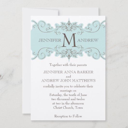 Blue Swirls Monogram Cream Wedding Invitations Kaart (Voorkant)