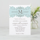 Blue Swirls Monogram Cream Wedding Invitations Kaart (Staand voorkant)