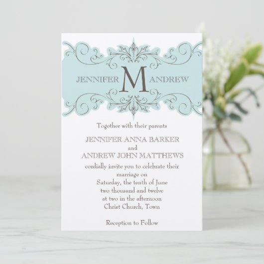 Blue Swirls Monogram Cream Wedding Invitations Kaart (Staand voorkant)
