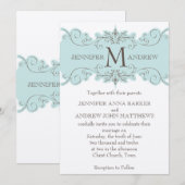 Blue Swirls Monogram Cream Wedding Invitations Kaart (Voorkant / Achterkant)