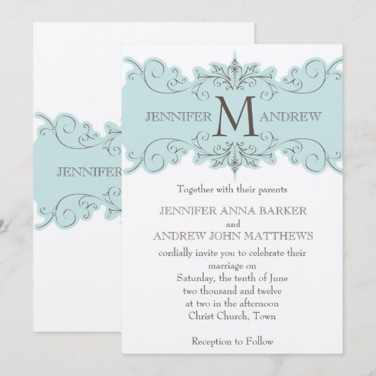 Blue Swirls Monogram Cream Wedding Invitations Kaart (Voorkant / Achterkant)