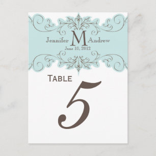 Blue Swirls Monogram Weddentafelkaarten Briefkaart