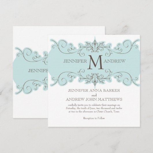 Blue Swirls Wedding Invitation with Monogram Kaart (Voorkant / Achterkant)