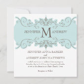 Blue Swirls Wedding Invitation with Monogram Kaart (Voorkant)