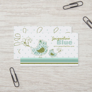 Blue Swirly Damask Birds Whimsical Visitekaartje