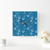 Blue Swirly Flowers Square Wall klok (Huis)