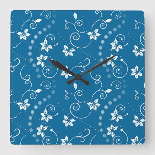 Blue Swirly Flowers Square Wall klok (Voorkant)