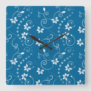 Blue Swirly Flowers Square Wall klok