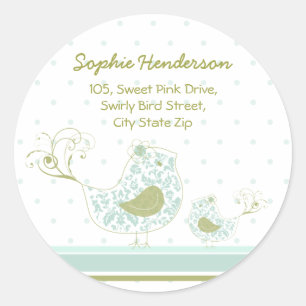 Blue Swirly Ma & Baby Bird Address Label Sticker