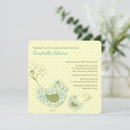 Blue Swirly Ma & Baby Bird Baby shower Invitation Kaart (Staand voorkant)