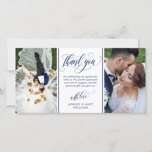 Blue Swirly Script Two Wedding Photos Hartelijk da Bedankkaart (Voorkant)