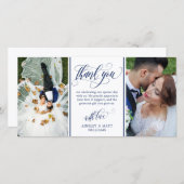 Blue Swirly Script Two Wedding Photos Hartelijk da Bedankkaart (Voorkant / Achterkant)