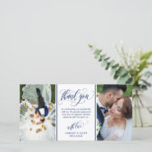 Blue Swirly Script Two Wedding Photos Hartelijk da Bedankkaart (Staand voorkant)