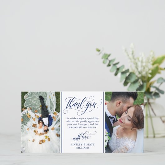 Blue Swirly Script Two Wedding Photos Hartelijk da Bedankkaart (Staand voorkant)