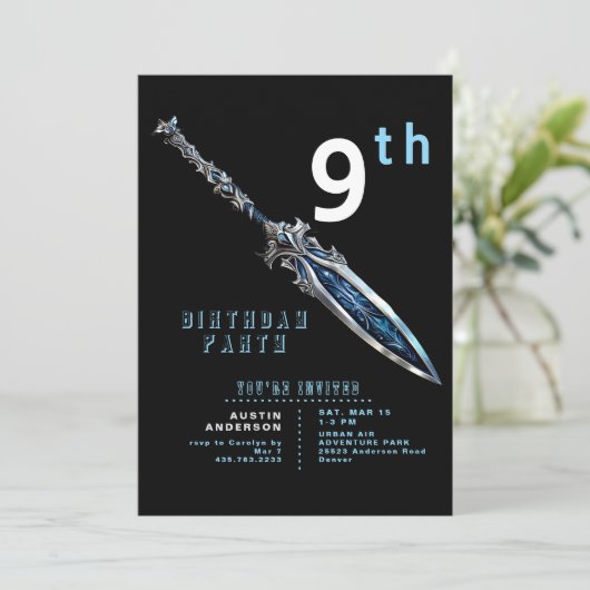 Blue Sword 9th Boy Verjaardagsfeest Kaart (Staand voorkant)