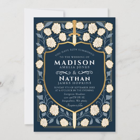 Blue Sword Shield Fantasy Wedding QR-code Kaart (Voorkant)