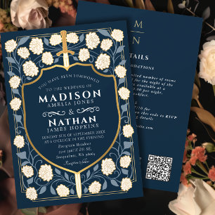 Blue Sword Shield Fantasy Wedding QR-code Kaart