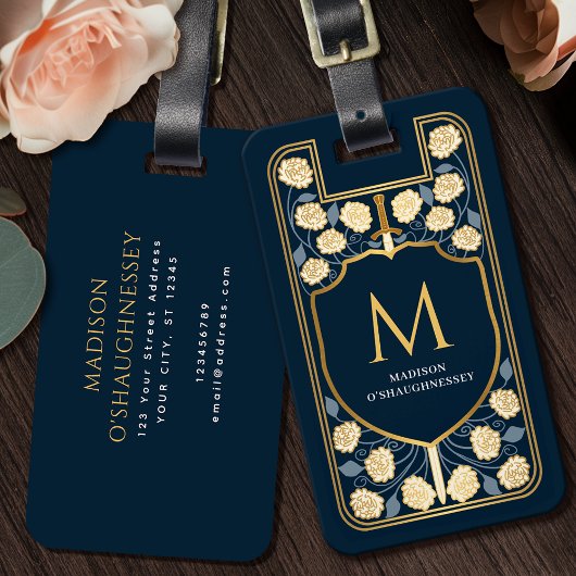 Blue Sword Shield middeleeuwse fantasie monogram Bagagelabel