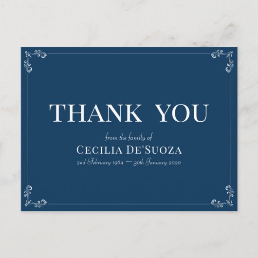 Blue Sympathie Funeral Elegant Simple Bedankt Briefkaart (Voorkant)