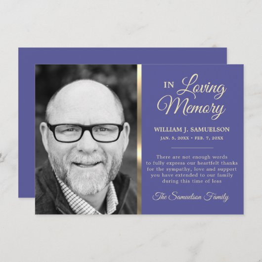 Blue Sympathy Funeral Memory DANK You Photo Bedankkaart (Voorkant / Achterkant)