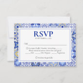 Blue Talavera Fiesta: Een Spaans-Mexicaanse bruilo RSVP Kaartje (Voorkant)